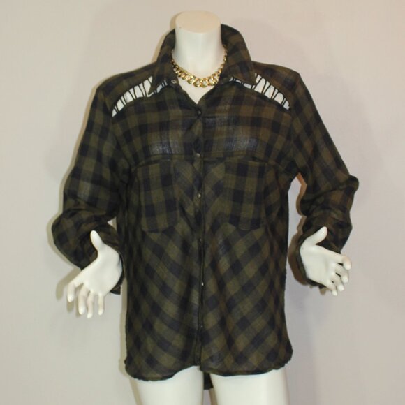 Free People Women's Olive  Black Plaid Criss Cross Cut Outs Snaps  shirt size M - Picture 1 of 6